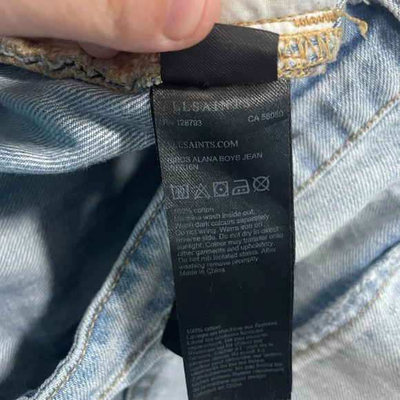 AllSaints Alana Embroidered Bird Distressed Boyfriend Jeans in Blue/Pink Size 26